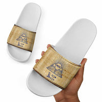 Aker Ancient Egyptian Slide Sandals with Hieroglyphic Pattern, Pyramid Symbol, and Twin Lion Guardians Motif - Wonder Print Shop