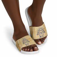 Aker Ancient Egyptian Slide Sandals with Hieroglyphic Pattern, Pyramid Symbol, and Twin Lion Guardians Motif - Wonder Print Shop