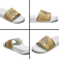 Aker Ancient Egyptian Slide Sandals with Hieroglyphic Pattern, Pyramid Symbol, and Twin Lion Guardians Motif - Wonder Print Shop
