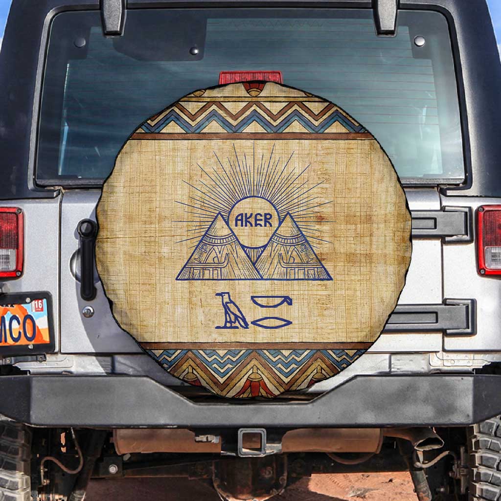 Aker Ancient Egyptian Spare Tire Cover with Hieroglyphic Pattern, Pyramid Symbol, and Twin Lion Guardians Motif - Wonder Print Shop