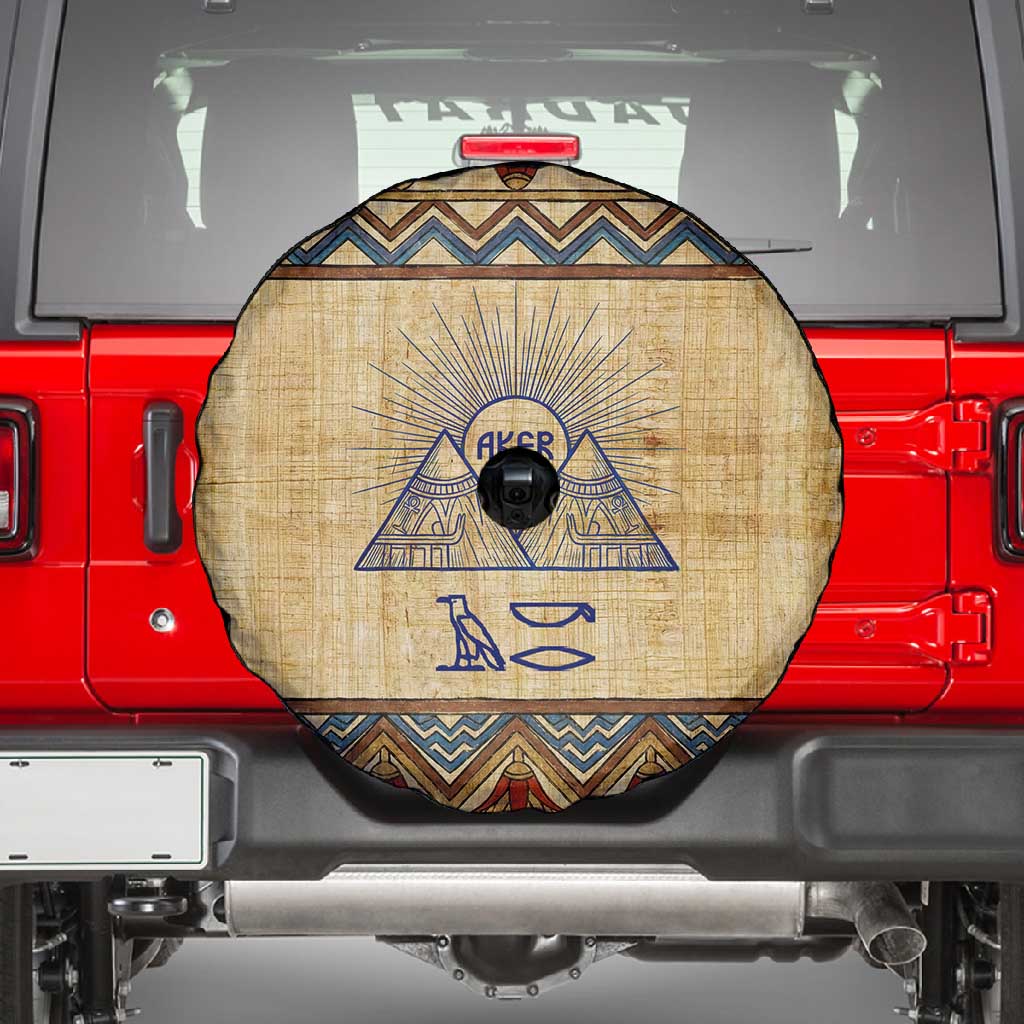Aker Ancient Egyptian Spare Tire Cover with Hieroglyphic Pattern, Pyramid Symbol, and Twin Lion Guardians Motif - Wonder Print Shop