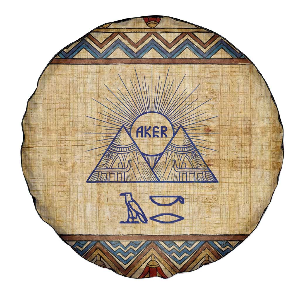 Aker Ancient Egyptian Spare Tire Cover with Hieroglyphic Pattern, Pyramid Symbol, and Twin Lion Guardians Motif - Wonder Print Shop