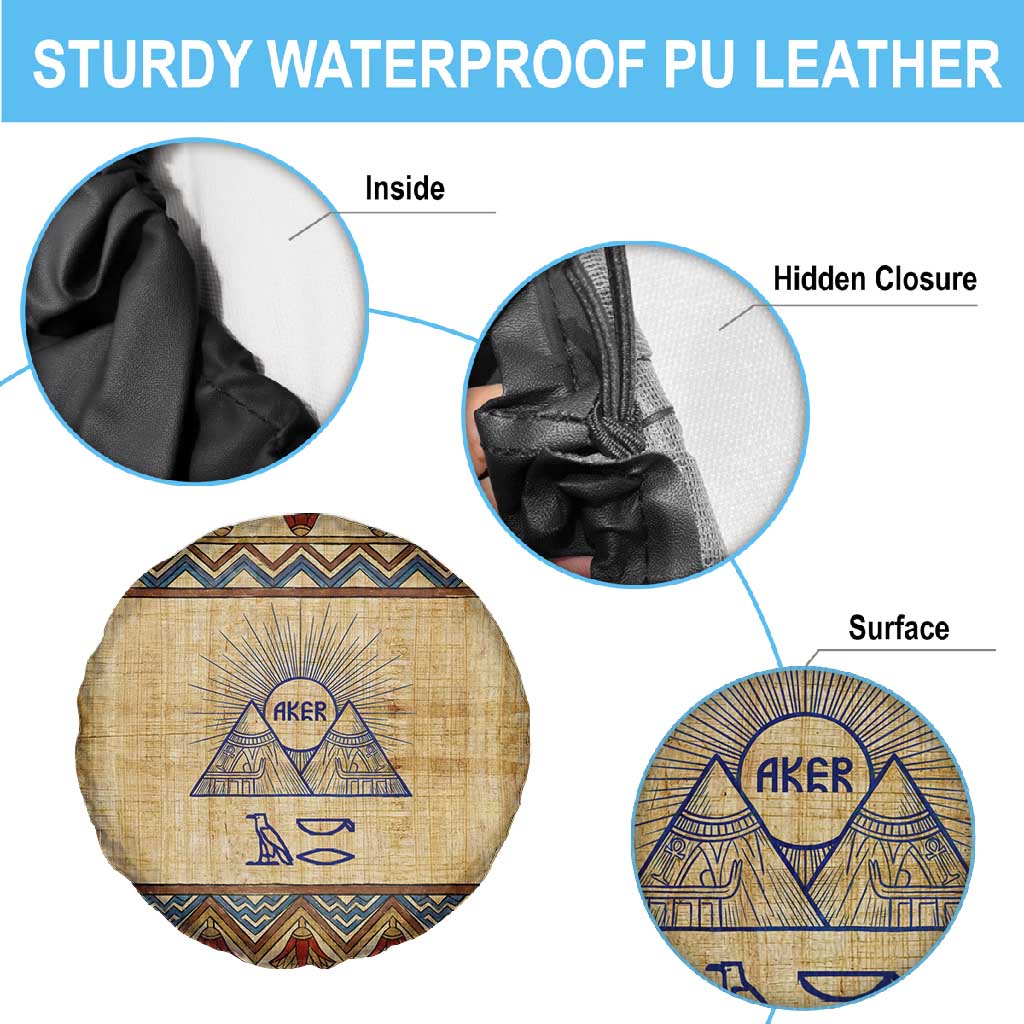 Aker Ancient Egyptian Spare Tire Cover with Hieroglyphic Pattern, Pyramid Symbol, and Twin Lion Guardians Motif - Wonder Print Shop