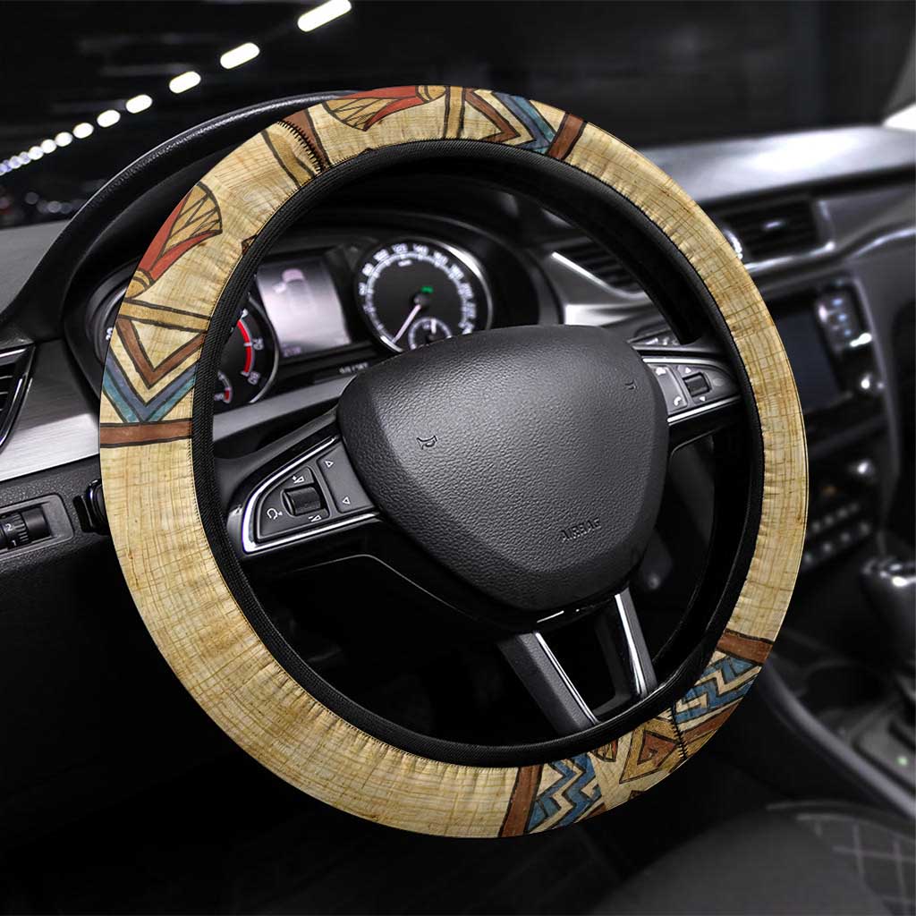 Aker Ancient Egyptian Steering Wheel Cover with Hieroglyphic Pattern, Pyramid Symbol, and Twin Lion Guardians Motif - Wonder Print Shop