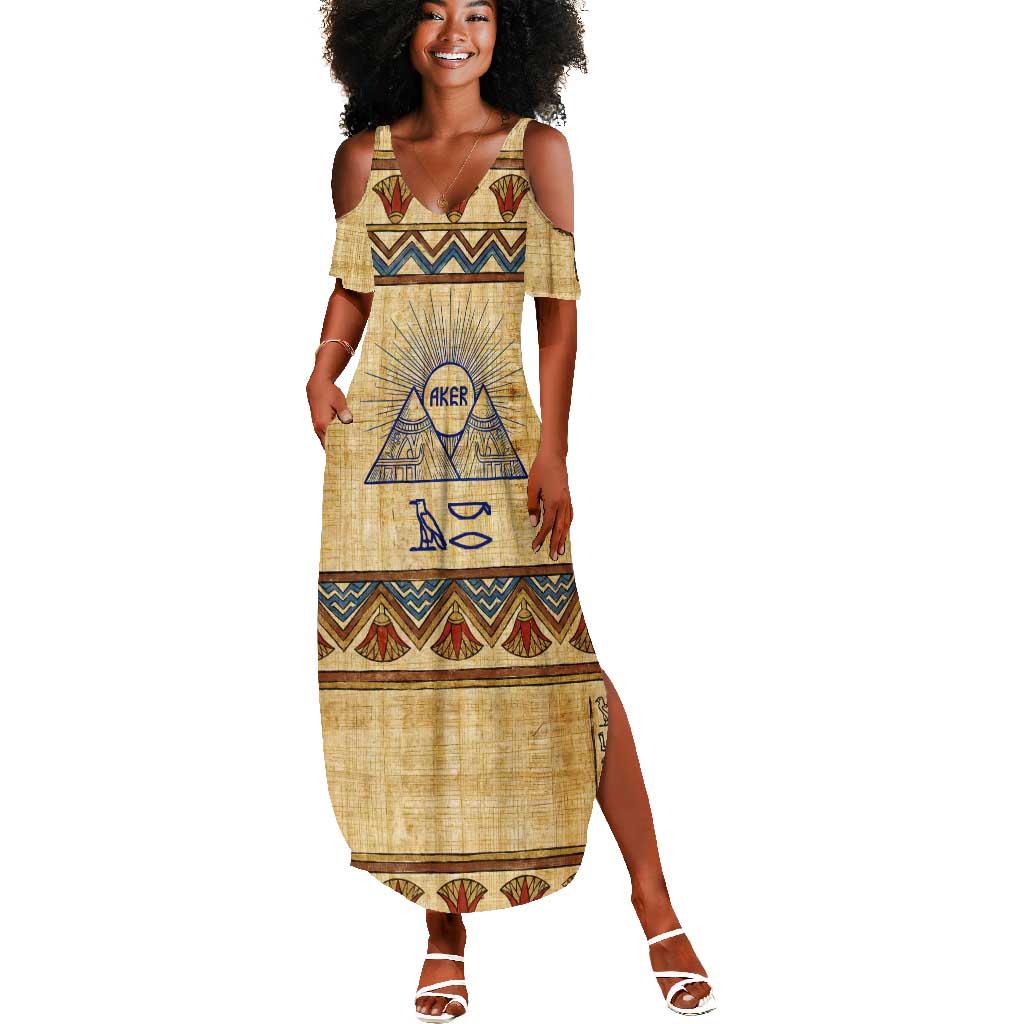 Aker Ancient Egyptian Summer Maxi Dress with Hieroglyphic Pattern, Pyramid Symbol, and Twin Lion Guardians Motif - Wonder Print Shop