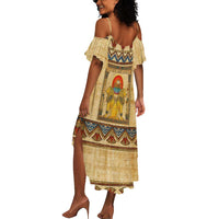 Aker Ancient Egyptian Summer Maxi Dress with Hieroglyphic Pattern, Pyramid Symbol, and Twin Lion Guardians Motif - Wonder Print Shop