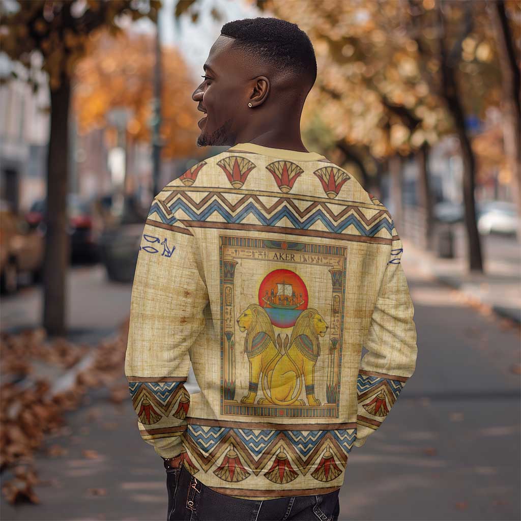 Aker Ancient Egyptian Sweatshirt with Hieroglyphic Pattern, Pyramid Symbol, and Twin Lion Guardians Motif - Wonder Print Shop