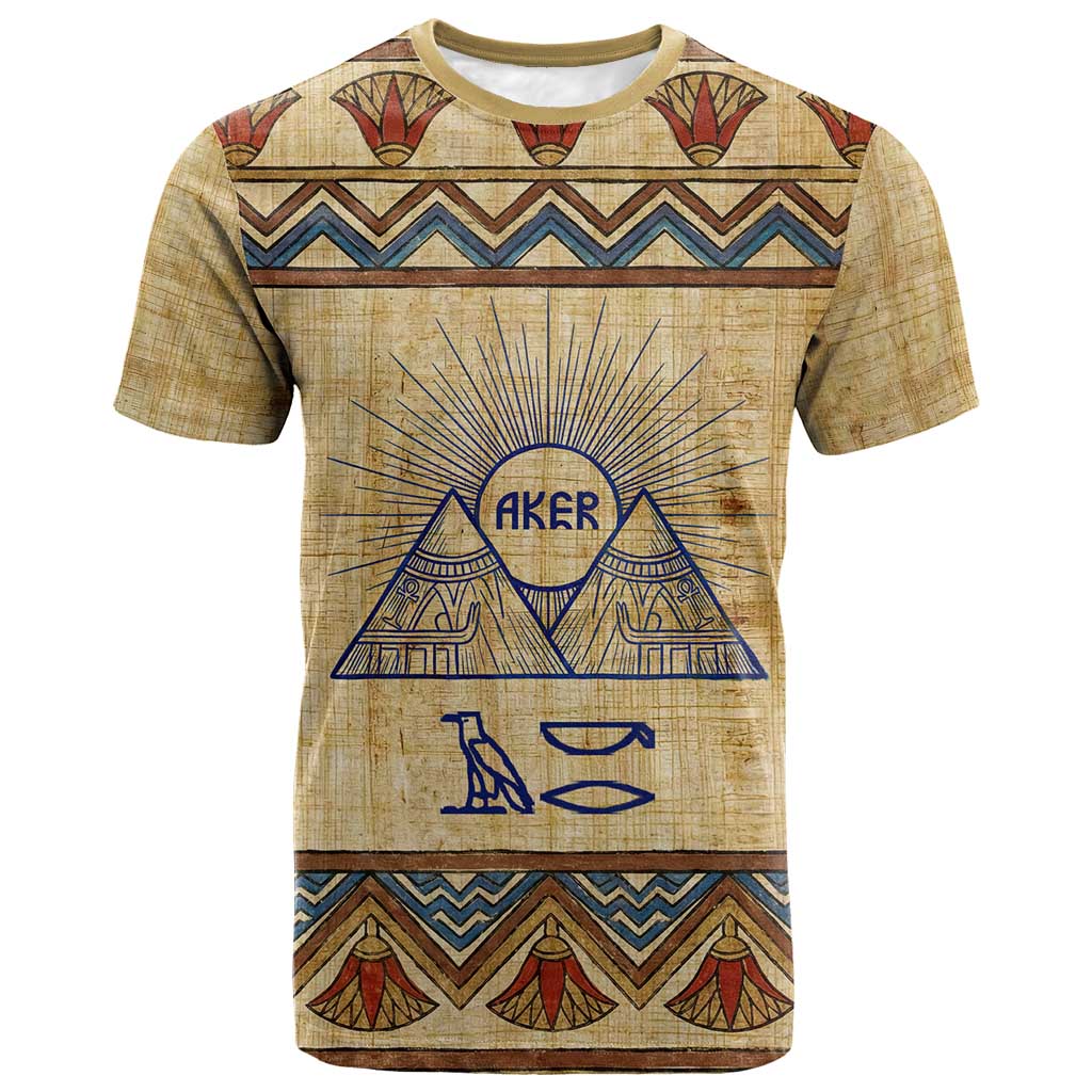 Aker Ancient Egyptian T shirt with Hieroglyphic Pattern, Pyramid Symbol, and Twin Lion Guardians Motif - Wonder Print Shop
