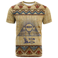 Aker Ancient Egyptian T shirt with Hieroglyphic Pattern, Pyramid Symbol, and Twin Lion Guardians Motif - Wonder Print Shop