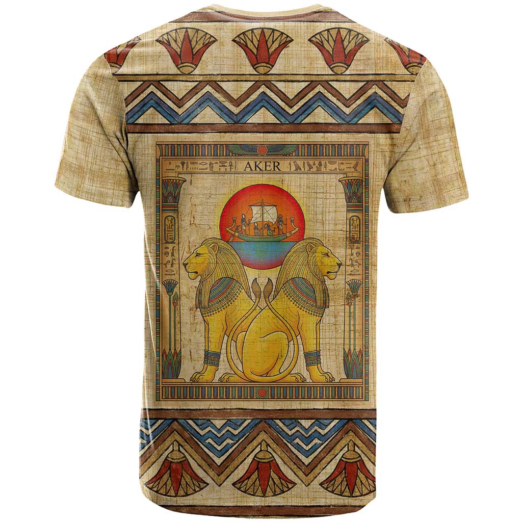 Aker Ancient Egyptian T shirt with Hieroglyphic Pattern, Pyramid Symbol, and Twin Lion Guardians Motif - Wonder Print Shop
