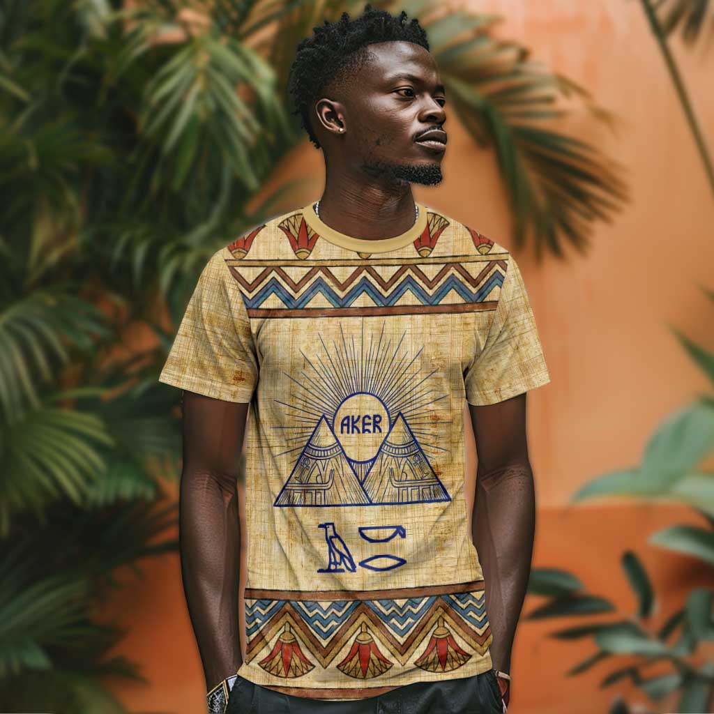 Aker Ancient Egyptian T shirt with Hieroglyphic Pattern, Pyramid Symbol, and Twin Lion Guardians Motif - Wonder Print Shop