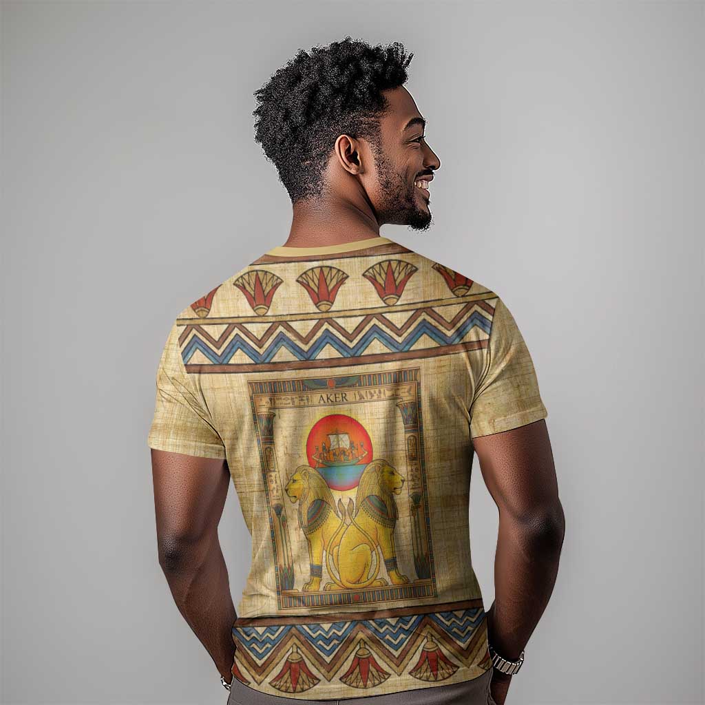 Aker Ancient Egyptian T shirt with Hieroglyphic Pattern, Pyramid Symbol, and Twin Lion Guardians Motif - Wonder Print Shop