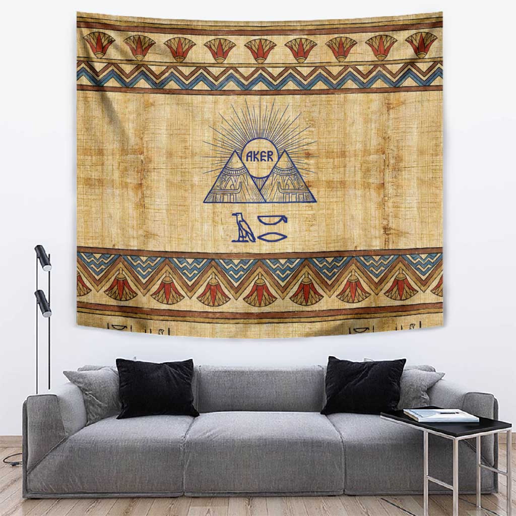 Aker Ancient Egyptian Tapestry with Hieroglyphic Pattern, Pyramid Symbol, and Twin Lion Guardians Motif - Wonder Print Shop