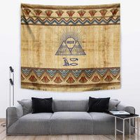 Aker Ancient Egyptian Tapestry with Hieroglyphic Pattern, Pyramid Symbol, and Twin Lion Guardians Motif - Wonder Print Shop