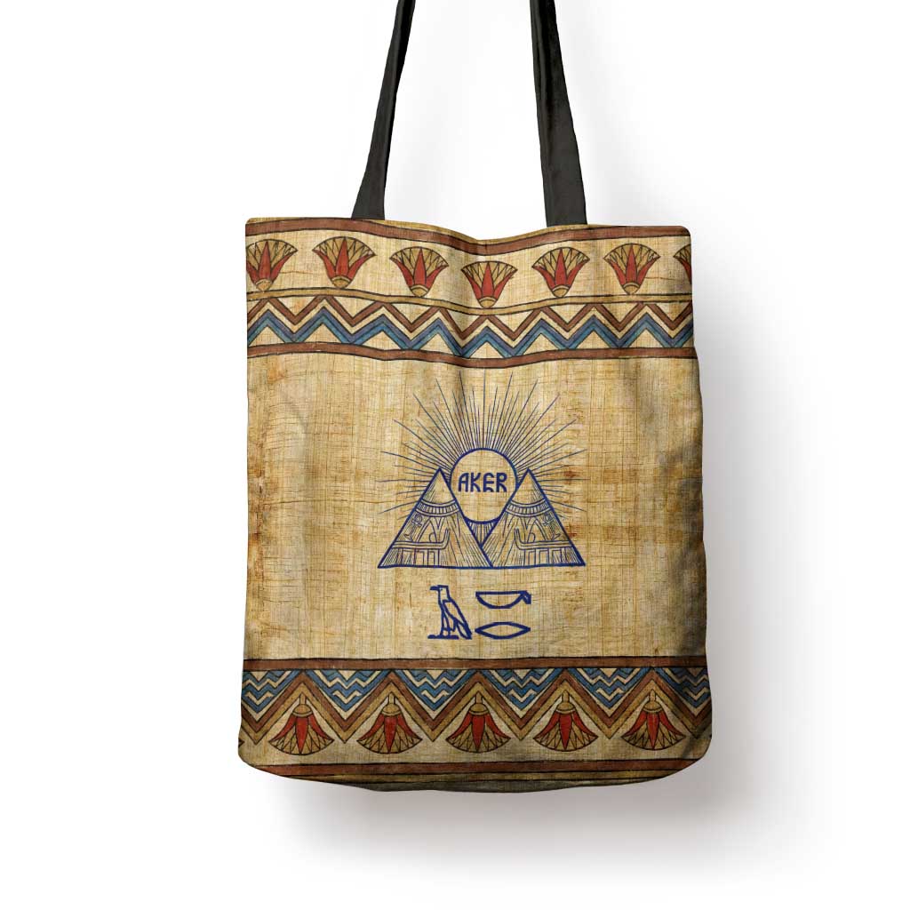 Aker Ancient Egyptian Tote Bag with Hieroglyphic Pattern, Pyramid Symbol, and Twin Lion Guardians Motif - Wonder Print Shop