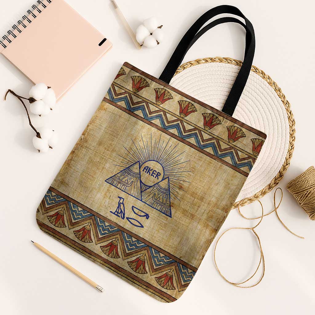 Aker Ancient Egyptian Tote Bag with Hieroglyphic Pattern, Pyramid Symbol, and Twin Lion Guardians Motif - Wonder Print Shop