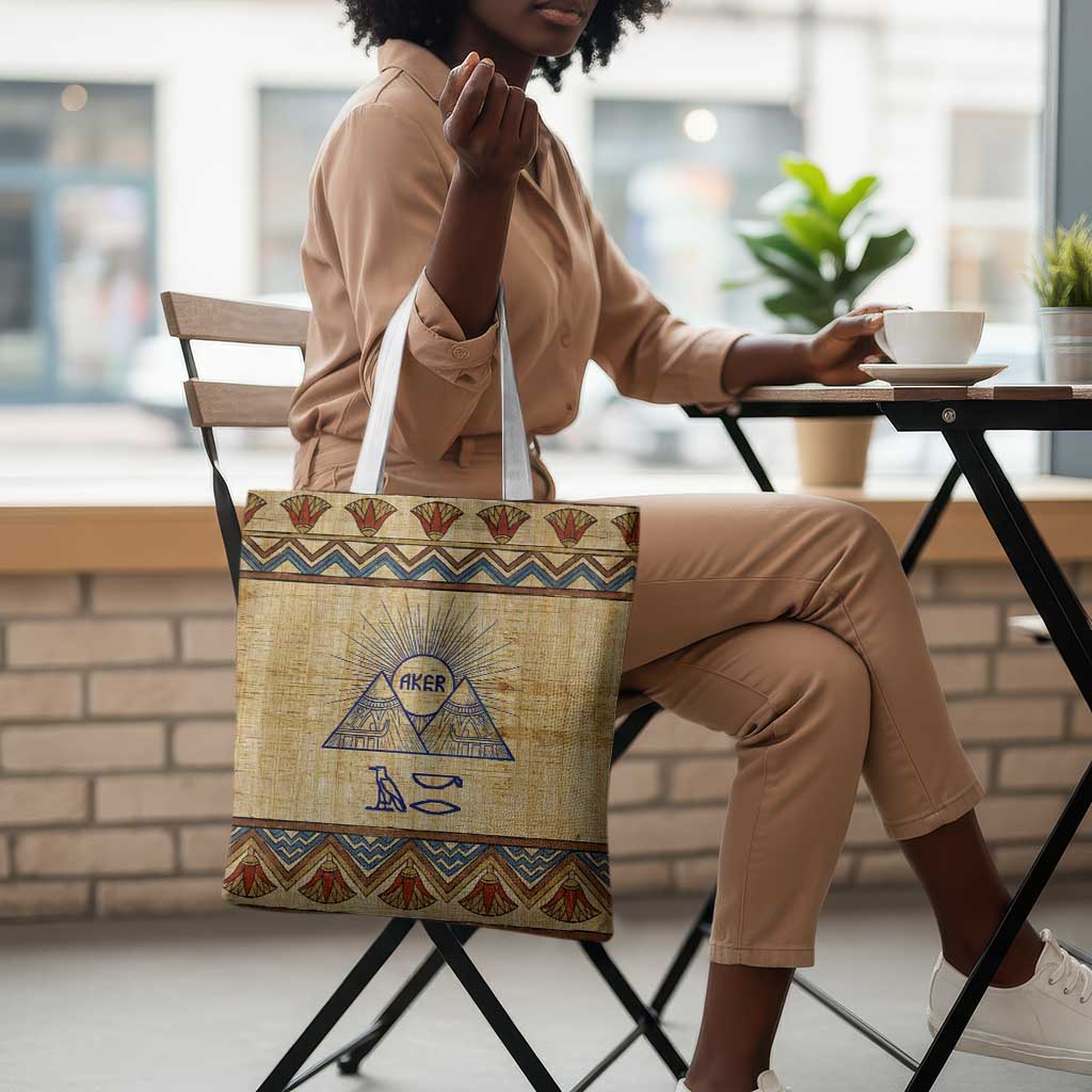 Aker Ancient Egyptian Tote Bag with Hieroglyphic Pattern, Pyramid Symbol, and Twin Lion Guardians Motif - Wonder Print Shop