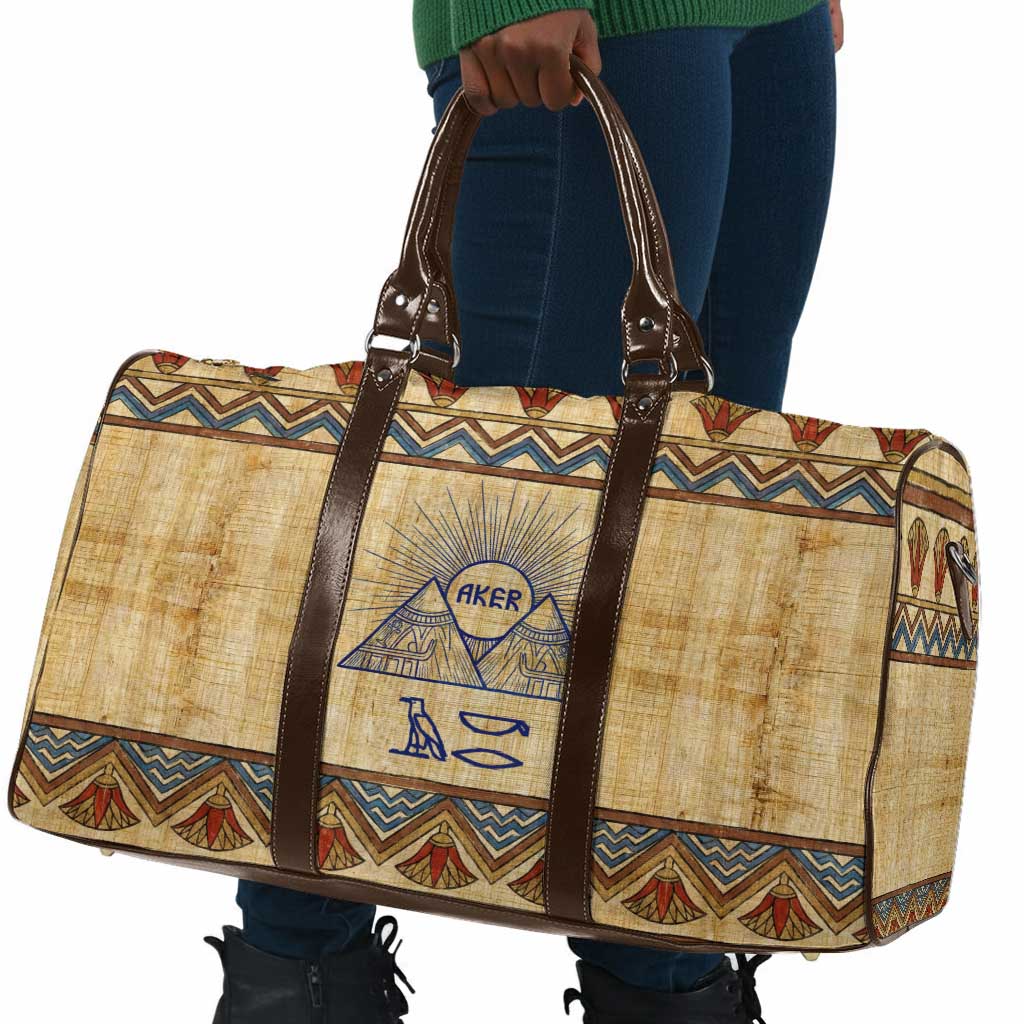 Aker Ancient Egyptian Travel Bag with Hieroglyphic Pattern, Pyramid Symbol, and Twin Lion Guardians Motif - Wonder Print Shop