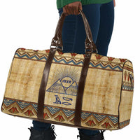 Aker Ancient Egyptian Travel Bag with Hieroglyphic Pattern, Pyramid Symbol, and Twin Lion Guardians Motif - Wonder Print Shop