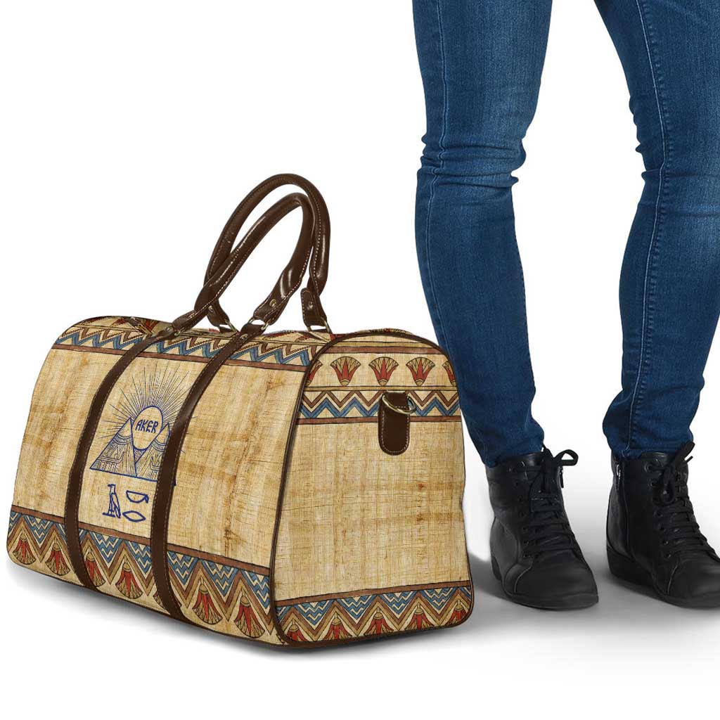 Aker Ancient Egyptian Travel Bag with Hieroglyphic Pattern, Pyramid Symbol, and Twin Lion Guardians Motif - Wonder Print Shop