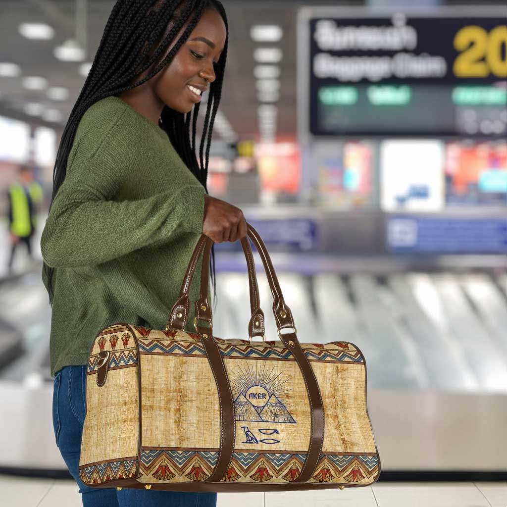 Aker Ancient Egyptian Travel Bag with Hieroglyphic Pattern, Pyramid Symbol, and Twin Lion Guardians Motif - Wonder Print Shop