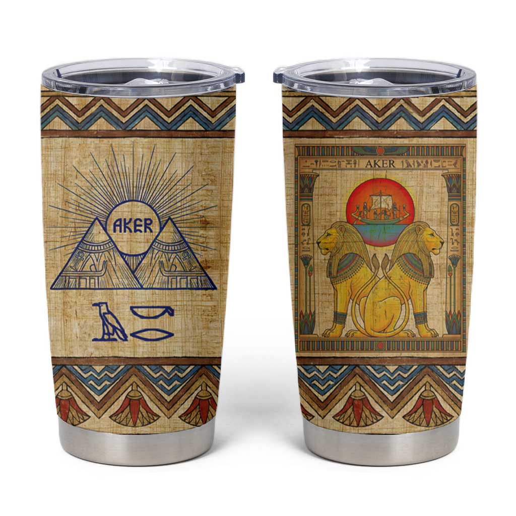 Aker Ancient Egyptian Tumbler Cup with Hieroglyphic Pattern, Pyramid Symbol, and Twin Lion Guardians Motif - Wonder Print Shop
