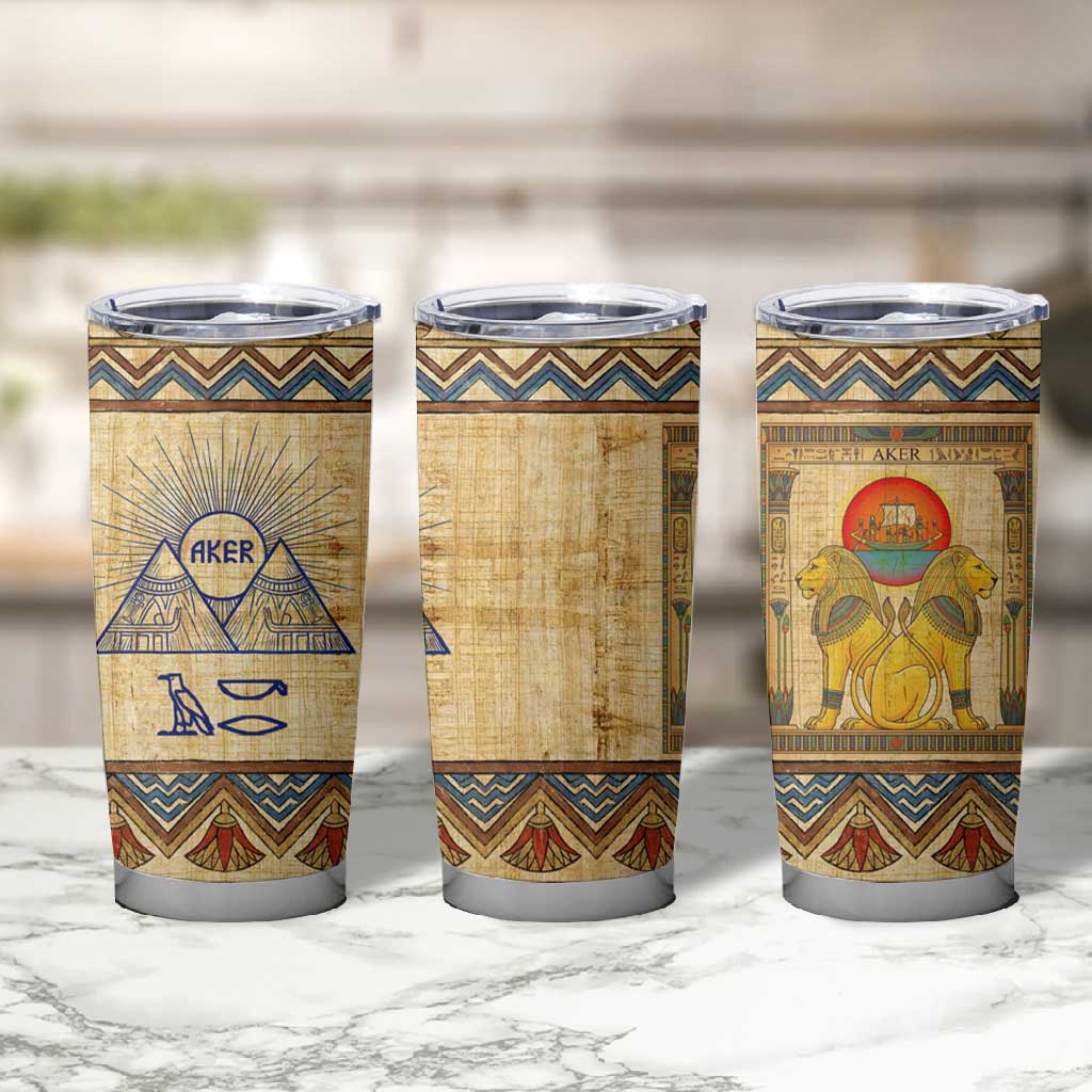 Aker Ancient Egyptian Tumbler Cup with Hieroglyphic Pattern, Pyramid Symbol, and Twin Lion Guardians Motif - Wonder Print Shop