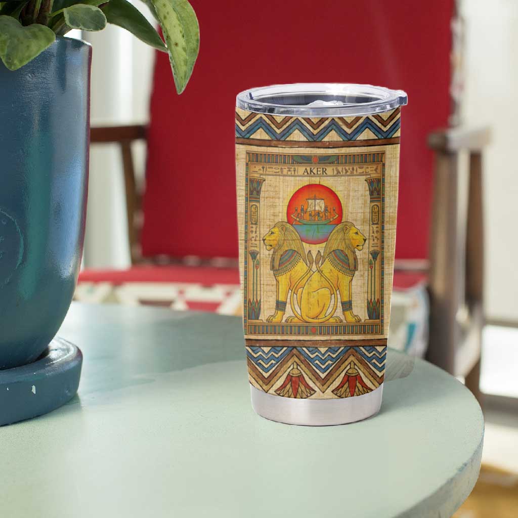 Aker Ancient Egyptian Tumbler Cup with Hieroglyphic Pattern, Pyramid Symbol, and Twin Lion Guardians Motif - Wonder Print Shop