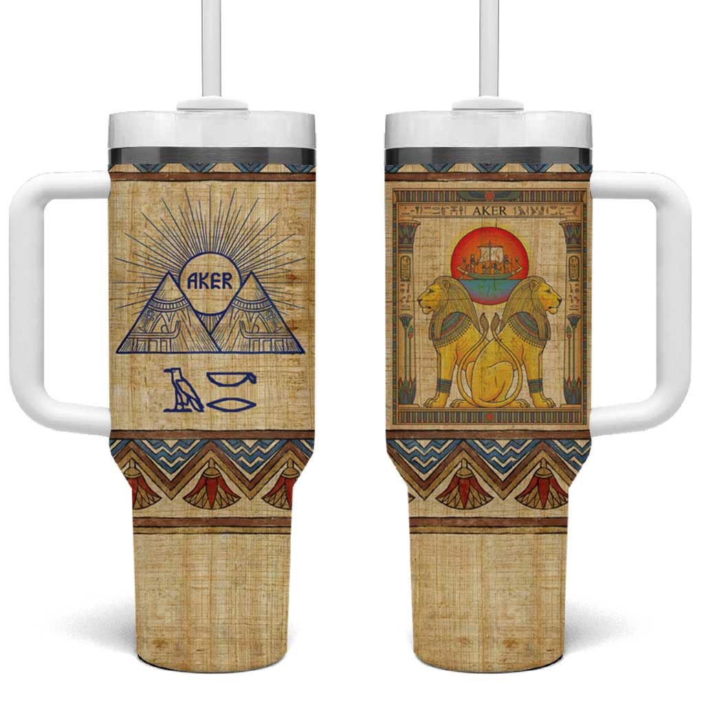 Aker Ancient Egyptian Tumbler With Handle with Hieroglyphic Pattern, Pyramid Symbol, and Twin Lion Guardians Motif - Wonder Print Shop