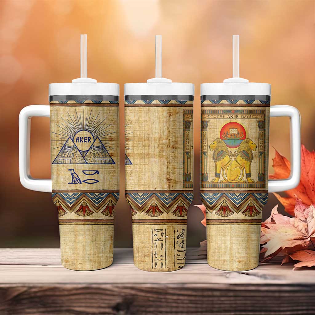 Aker Ancient Egyptian Tumbler With Handle with Hieroglyphic Pattern, Pyramid Symbol, and Twin Lion Guardians Motif - Wonder Print Shop