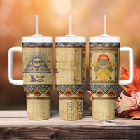 Aker Ancient Egyptian Tumbler With Handle with Hieroglyphic Pattern, Pyramid Symbol, and Twin Lion Guardians Motif - Wonder Print Shop