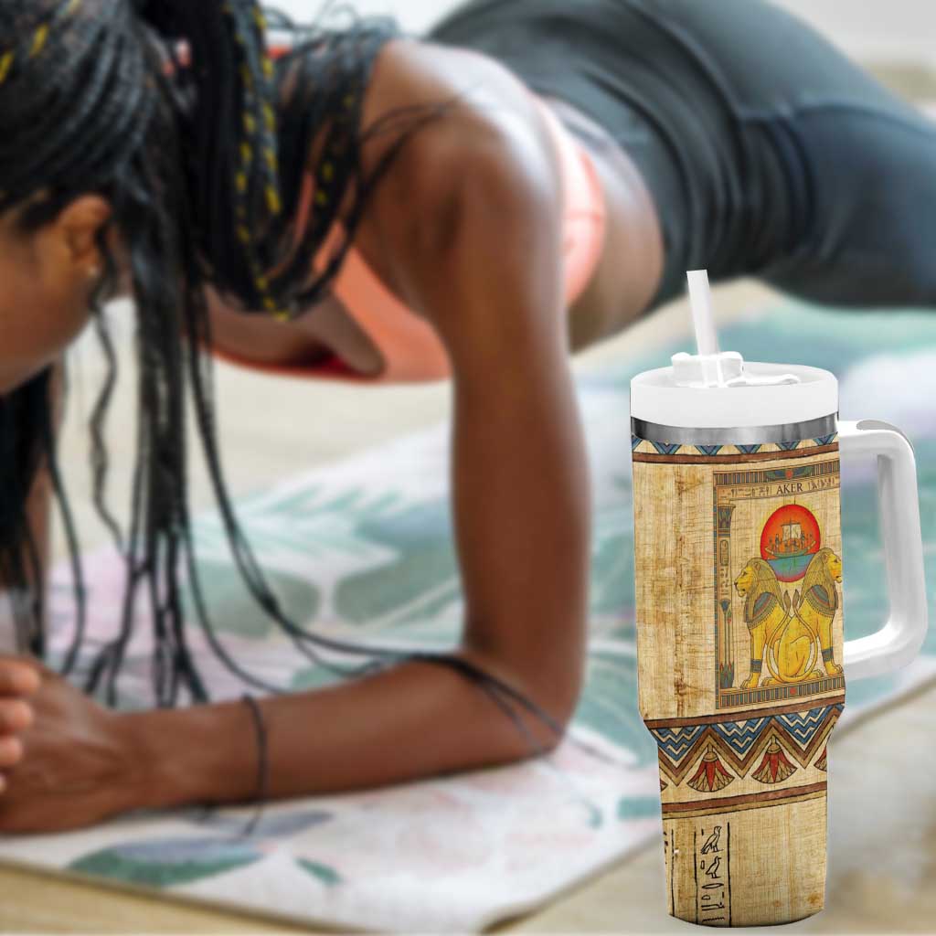 Aker Ancient Egyptian Tumbler With Handle with Hieroglyphic Pattern, Pyramid Symbol, and Twin Lion Guardians Motif - Wonder Print Shop