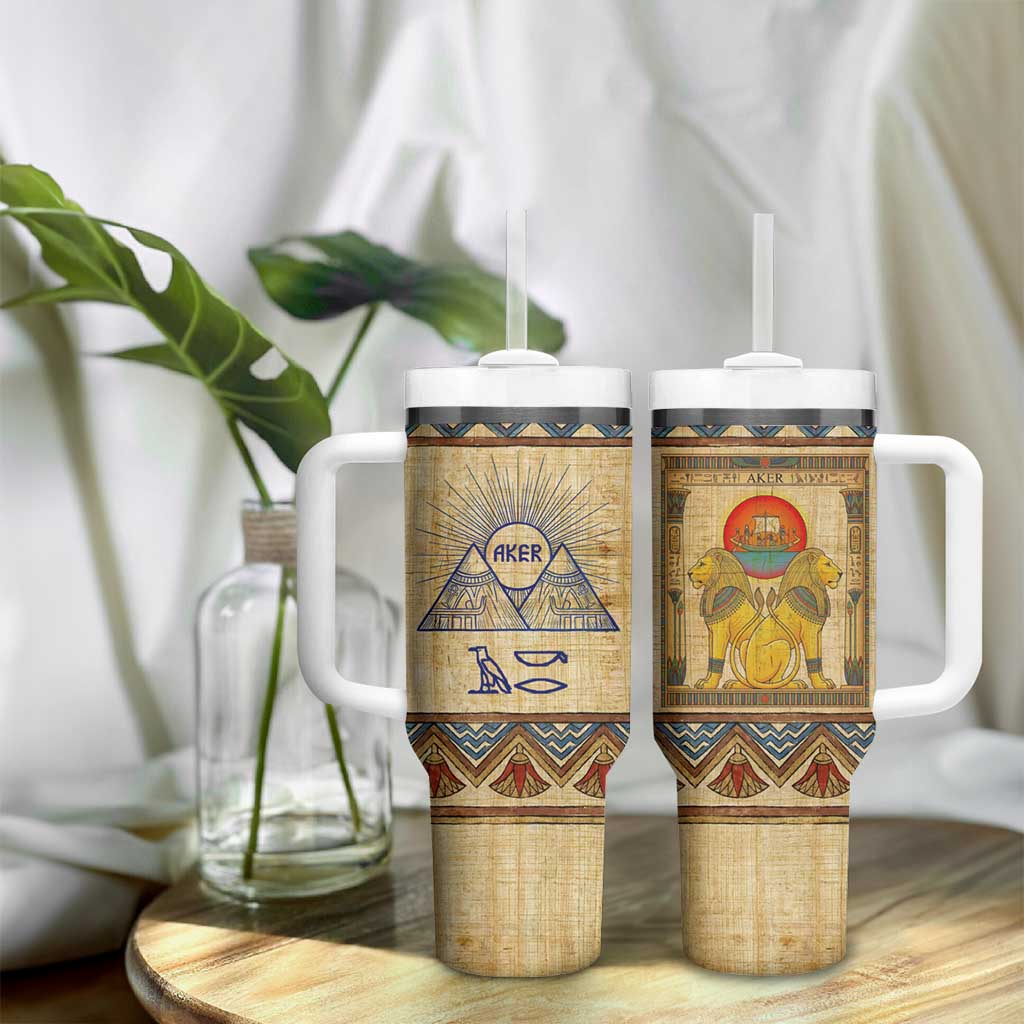 Aker Ancient Egyptian Tumbler With Handle with Hieroglyphic Pattern, Pyramid Symbol, and Twin Lion Guardians Motif - Wonder Print Shop