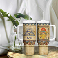 Aker Ancient Egyptian Tumbler With Handle with Hieroglyphic Pattern, Pyramid Symbol, and Twin Lion Guardians Motif - Wonder Print Shop