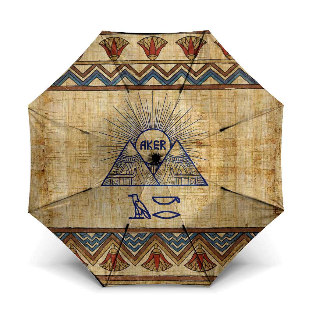Aker Ancient Egyptian Umbrella with Hieroglyphic Pattern, Pyramid Symbol, and Twin Lion Guardians Motif - Wonder Print Shop