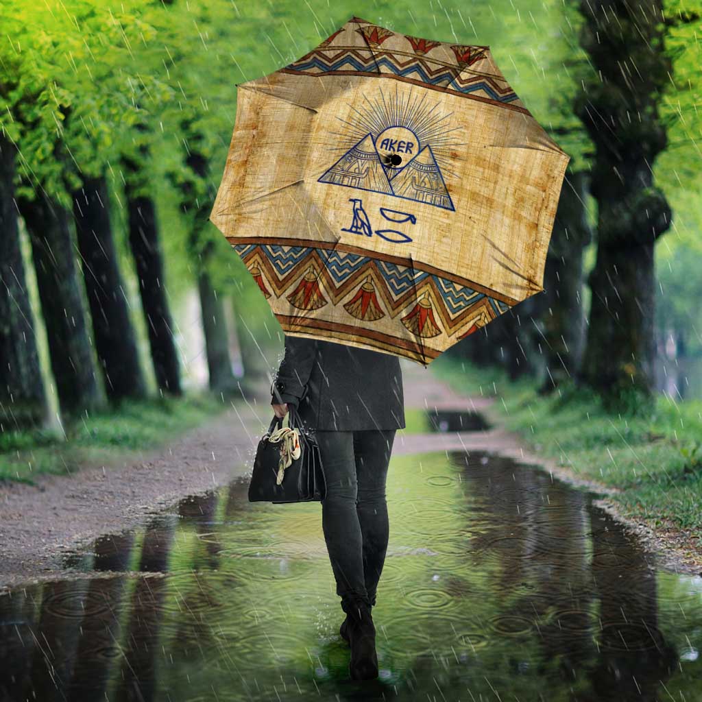 Aker Ancient Egyptian Umbrella with Hieroglyphic Pattern, Pyramid Symbol, and Twin Lion Guardians Motif - Wonder Print Shop