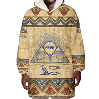 Aker Ancient Egyptian Wearable Blanket Hoodie with Hieroglyphic Pattern, Pyramid Symbol, and Twin Lion Guardians Motif - Wonder Print Shop