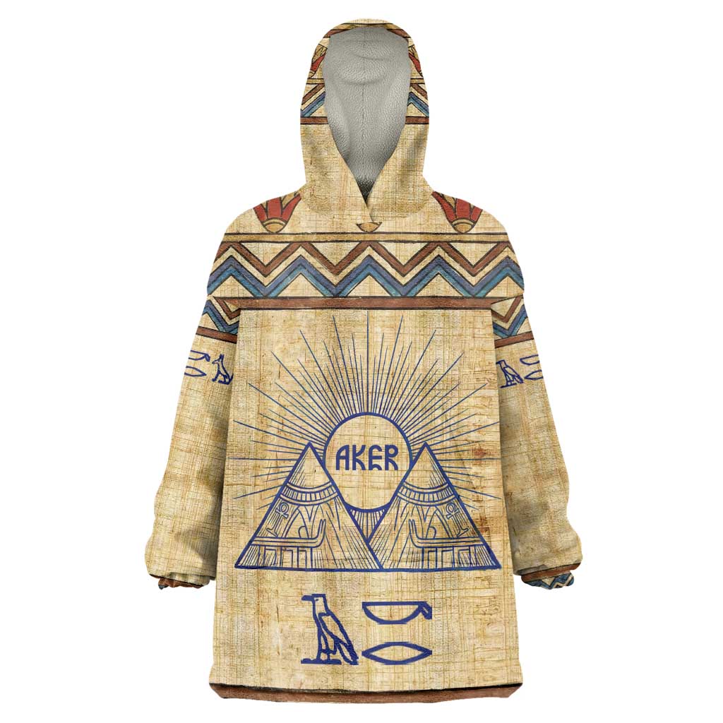 Aker Ancient Egyptian Wearable Blanket Hoodie with Hieroglyphic Pattern, Pyramid Symbol, and Twin Lion Guardians Motif - Wonder Print Shop