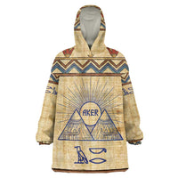 Aker Ancient Egyptian Wearable Blanket Hoodie with Hieroglyphic Pattern, Pyramid Symbol, and Twin Lion Guardians Motif - Wonder Print Shop