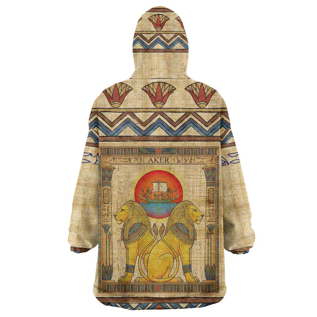 Aker Ancient Egyptian Wearable Blanket Hoodie with Hieroglyphic Pattern, Pyramid Symbol, and Twin Lion Guardians Motif - Wonder Print Shop
