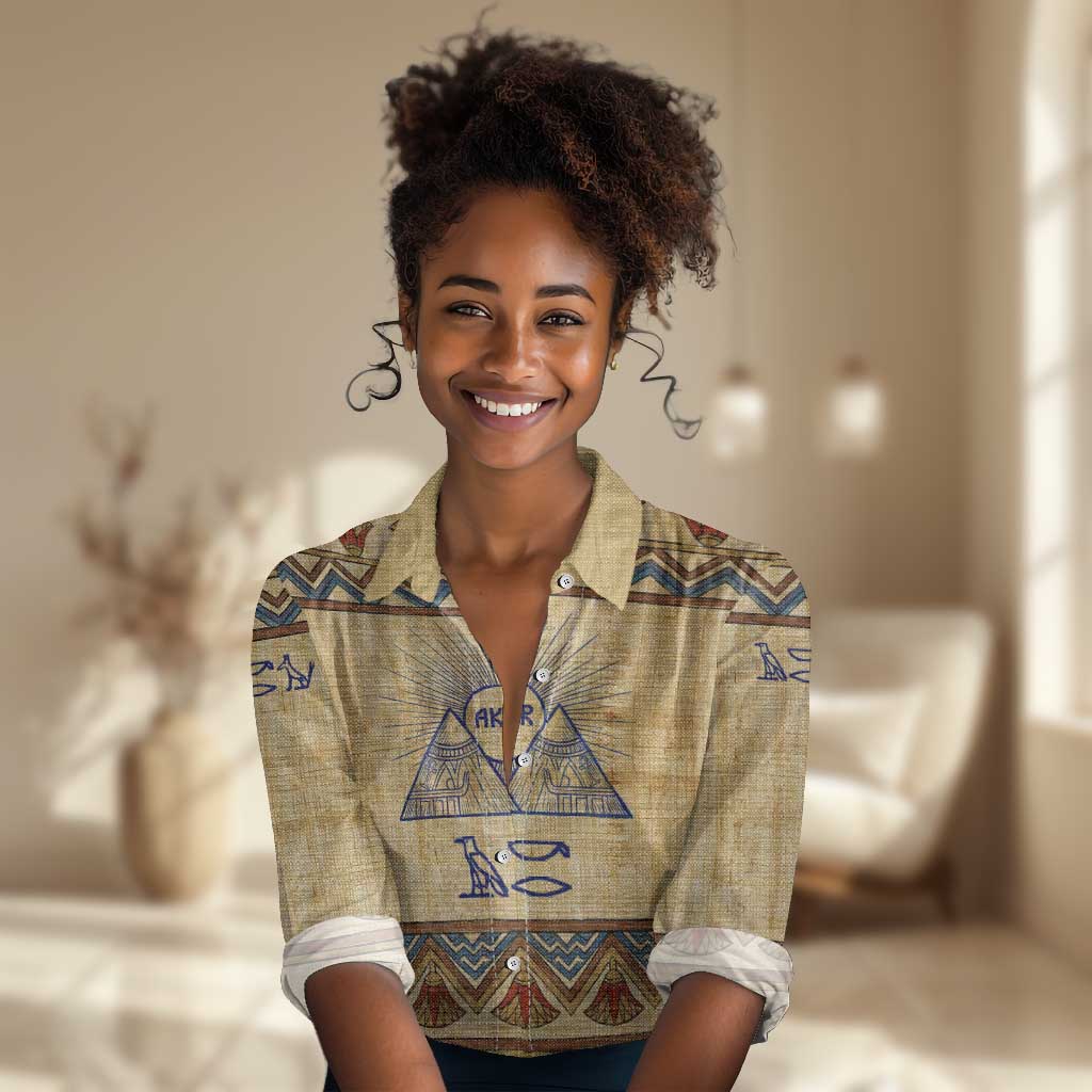Aker Ancient Egyptian Women Casual Shirt with Hieroglyphic Pattern, Pyramid Symbol, and Twin Lion Guardians Motif - Wonder Print Shop
