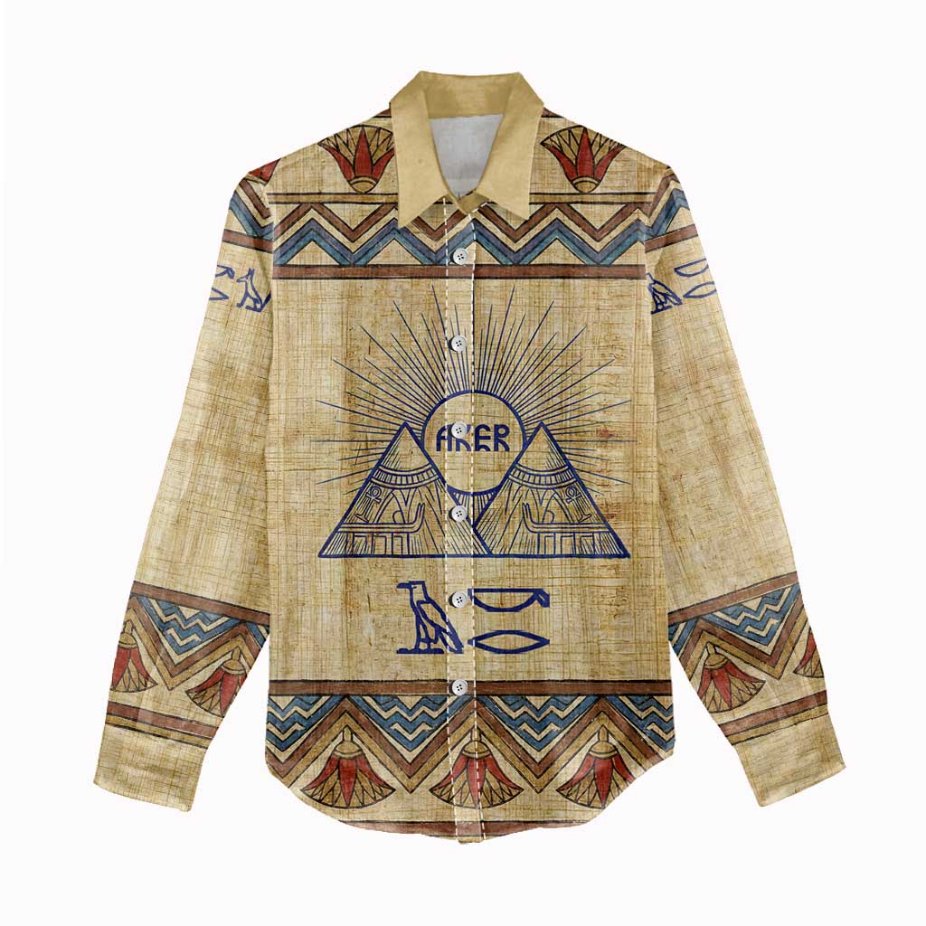 Aker Ancient Egyptian Women Casual Shirt with Hieroglyphic Pattern, Pyramid Symbol, and Twin Lion Guardians Motif - Wonder Print Shop