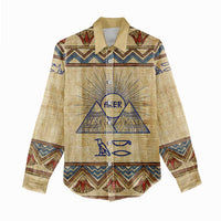 Aker Ancient Egyptian Women Casual Shirt with Hieroglyphic Pattern, Pyramid Symbol, and Twin Lion Guardians Motif - Wonder Print Shop