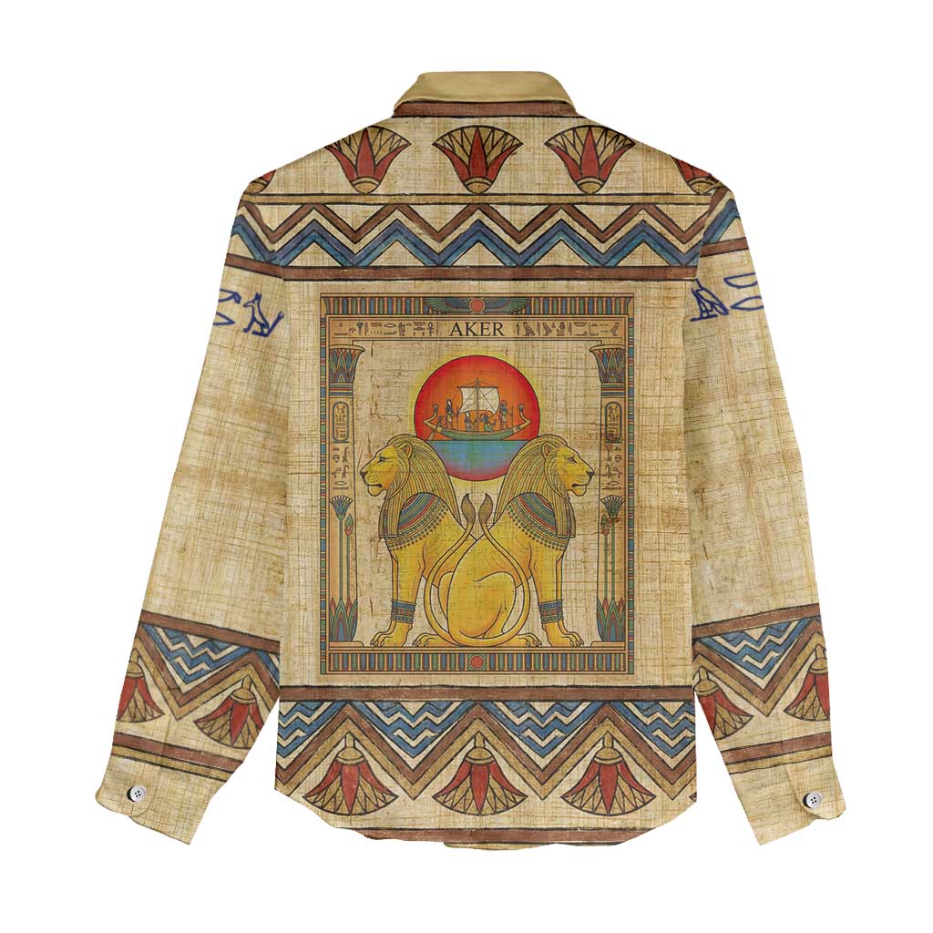 Aker Ancient Egyptian Women Casual Shirt with Hieroglyphic Pattern, Pyramid Symbol, and Twin Lion Guardians Motif - Wonder Print Shop