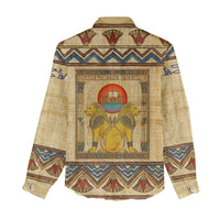 Aker Ancient Egyptian Women Casual Shirt with Hieroglyphic Pattern, Pyramid Symbol, and Twin Lion Guardians Motif - Wonder Print Shop