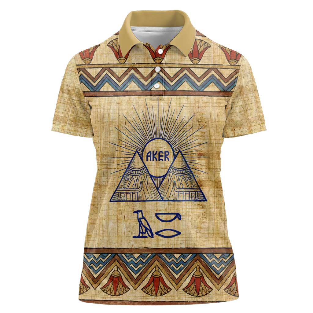 Aker Ancient Egyptian Women Polo Shirt with Hieroglyphic Pattern, Pyramid Symbol, and Twin Lion Guardians Motif - Wonder Print Shop