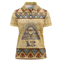 Aker Ancient Egyptian Women Polo Shirt with Hieroglyphic Pattern, Pyramid Symbol, and Twin Lion Guardians Motif - Wonder Print Shop