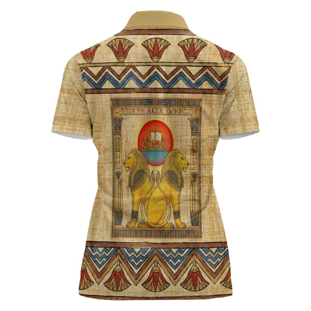 Aker Ancient Egyptian Women Polo Shirt with Hieroglyphic Pattern, Pyramid Symbol, and Twin Lion Guardians Motif - Wonder Print Shop