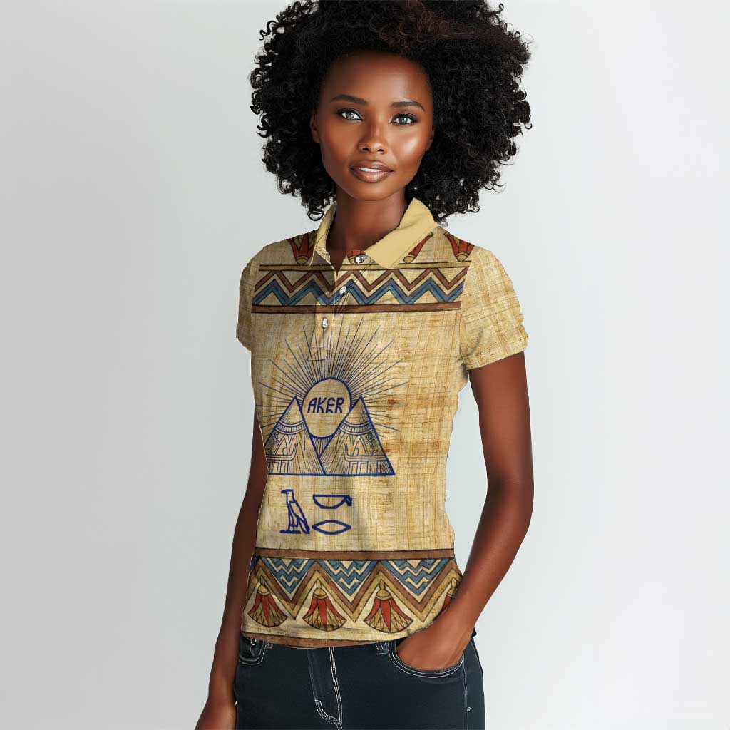 Aker Ancient Egyptian Women Polo Shirt with Hieroglyphic Pattern, Pyramid Symbol, and Twin Lion Guardians Motif - Wonder Print Shop