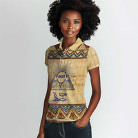 Aker Ancient Egyptian Women Polo Shirt with Hieroglyphic Pattern, Pyramid Symbol, and Twin Lion Guardians Motif - Wonder Print Shop